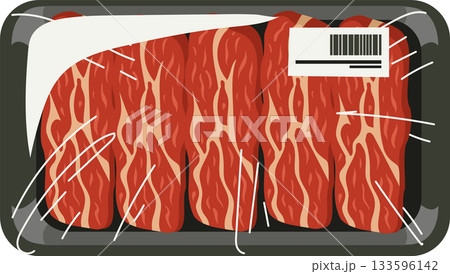 Top view of sliced beef raw meat in plastic tray with cling wrap and barcode label food illustration 133596142