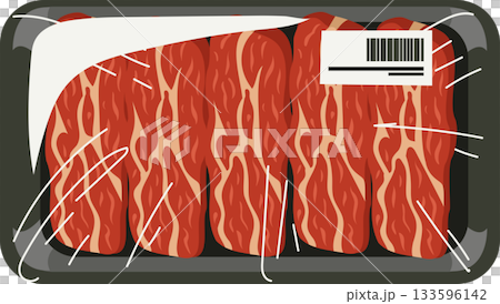 Top view of sliced beef raw meat in plastic tray with cling wrap and barcode label food illustration 133596142