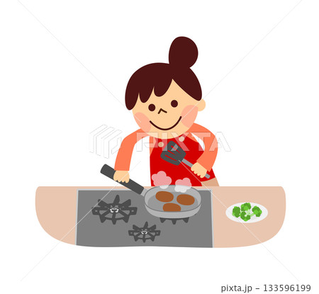 フライパンで焼く女性 フライパンで焼く女性 133596199