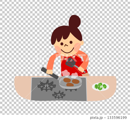 フライパンで焼く女性 フライパンで焼く女性 133596199