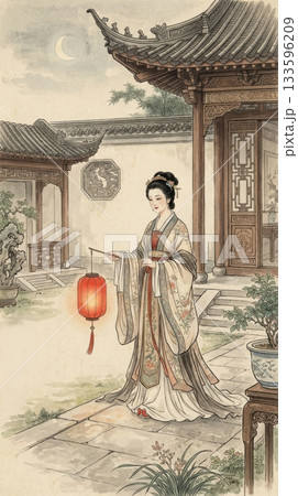 Ancient Chinese Woman in Traditional Dress Holding Red Lantern Walking in Palace 133596209