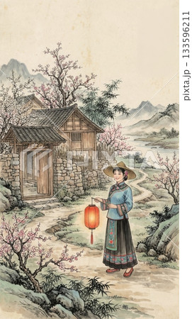 Village Woman Holding Red Lantern in Front of House 133596211