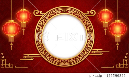 Red Background with Chinese Style Border and Red Lanterns, Illustrated Art, Chinese New Year Red Background with Chinese Style Border and Red Lanterns, Illustrated Art, Chinese New Year 133596223