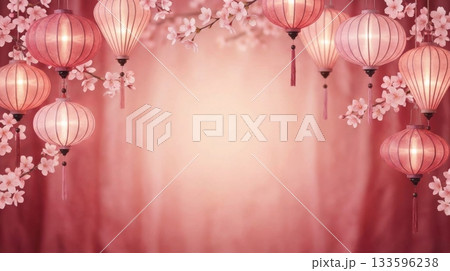 Red-Pink Background with Pink Lanterns and Cherry Blossoms Red-Pink Background with Pink Lanterns and Cherry Blossoms 133596238