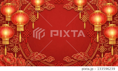 Red Background with Chinese Style Border and Red Lanterns, Illustrated Art, Chinese New Year 133596239