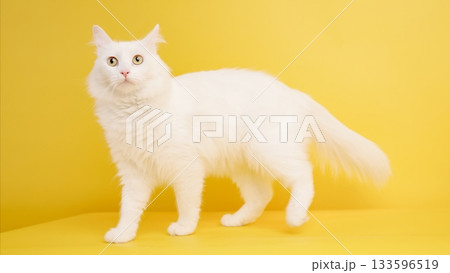 White turkish angora cat walking on yellow background White turkish angora cat walking on yellow background 133596519