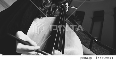 ドレスでコントラバスを弾く女性の手元：モノクロ 133596634