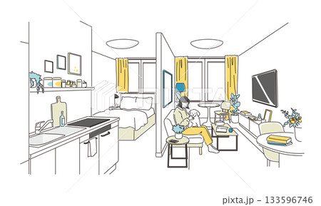 部屋で愛犬と過ごす若い女性のイラスト素材 部屋で愛犬と過ごす若い女性のイラスト素材 133596746