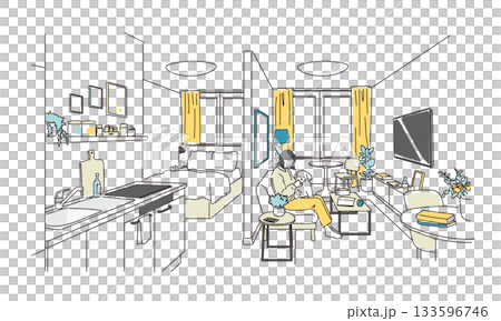 部屋で愛犬と過ごす若い女性のイラスト素材 部屋で愛犬と過ごす若い女性のイラスト素材 133596746