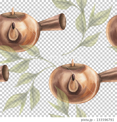 Asian tea ceremony tea clay pot and green leaves watercolor seamless pattern. Hand drawn oriental culture traditional elements, Chinese and Japanese morning drink background for wrapping, wallpaper Asian tea ceremony tea clay pot and green leaves watercolor seamless pattern. Hand drawn oriental culture traditional elements, Chinese and Japanese morning drink background for wrapping, wallpaper 133596791