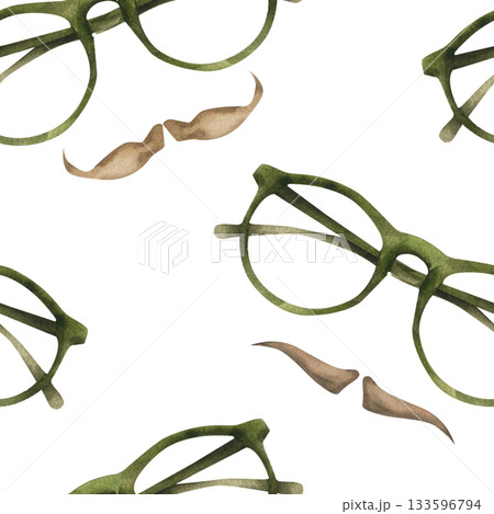 Vintage green glasses and brown mustache watercolor seamless pattern for stylish fabric, wrapping design.Gentlemen accessories background for barber shop wallpaper, textile, fabric, father's,men's day Vintage green glasses and brown mustache watercolor seamless pattern for stylish fabric, wrapping design.Gentlemen accessories background for barber shop wallpaper, textile, fabric, father's,men's day 133596794