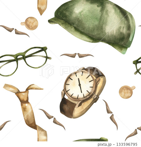 Gentlemen accessories watercolor seamless pattern with green Scottish cap,brown watches, mustache, tie and glasses illustration. Hand drawn father's day, men festive background for wrapping design 133596795