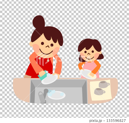 Parents and children washing dishes Parents and children washing dishes 133596827