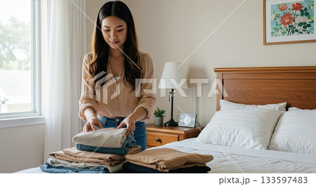 Woman folding clothes for home organization. Mindful organization of wardrobe 133597483
