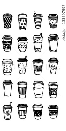 An illustration showcasing a diverse collection of 20 hand-drawn, black and white coffee cups. Each disposable paper cup features a unique pattern or design, ranging from stripes and spots to decorati 133597997