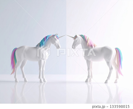 向かい合うピンクと青の翼を持つユニコーン(ペガサス):ファンタジー3Dアート 向かい合うピンクと青の翼を持つユニコーン(ペガサス):ファンタジー3Dアート 133598015