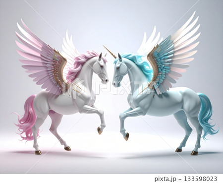 向かい合うピンクと青の翼を持つユニコーン（ペガサス）：ファンタジー3Dアート 133598023