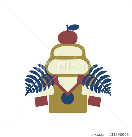 お正月飾り 鏡餅　二段重ねのお餅と裏白・橙・御幣・四方紅を三方にのせた、和モダンカラーのイラスト 133598068