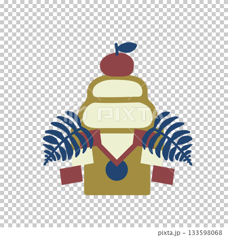 お正月飾り 鏡餅　二段重ねのお餅と裏白・橙・御幣・四方紅を三方にのせた、和モダンカラーのイラスト 133598068