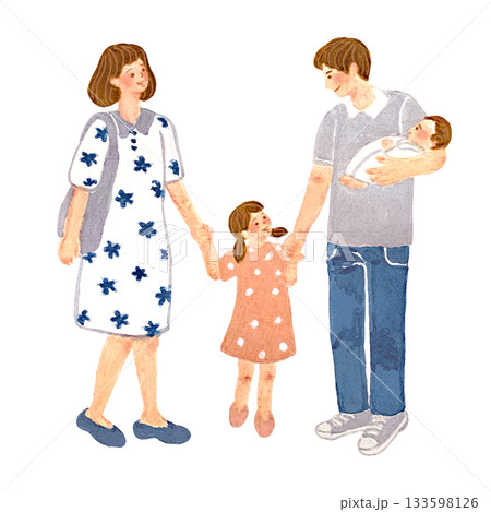 親子で手をつないで立っている水彩イラスト 133598126