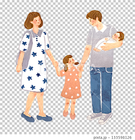 一幅水彩插畫，描繪了一位家長和孩子手牽手站在一起的場景。 133598126