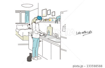 猫にごはんをあげる若い男性のイラスト素材 133598588