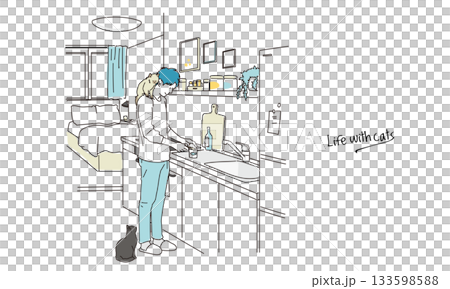 Illustration material of a young man feeding a cat 133598588