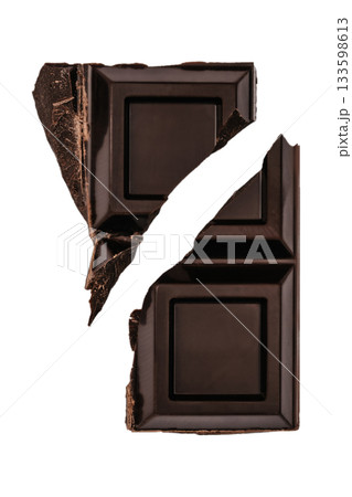 Broken dark chocolate piece isolated on white background showing rich texture and crisp edges. Broken dark chocolate piece isolated on white background showing rich texture and crisp edges. 133598613