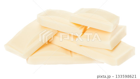 Stack of smooth white chocolate pieces isolated on a clean white background, dessert branding, packaging design and elegant sweet food visual concepts. Stack of smooth white chocolate pieces isolated on a clean white background, dessert branding, packaging design and elegant sweet food visual concepts. 133598621