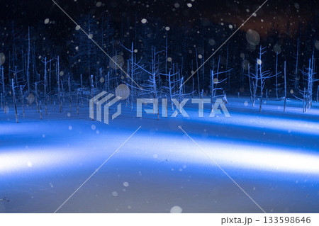 冬絶景の白金温泉 青い池のライトアップ 冬絶景の白金温泉 青い池のライトアップ 133598646