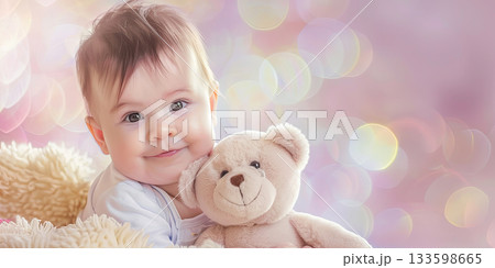 happy baby girl with toy bear 133598665