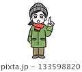 笑顔で指差しポーズをしているマフラーを巻いた冬服の若い女性(全身・正面) 133598820