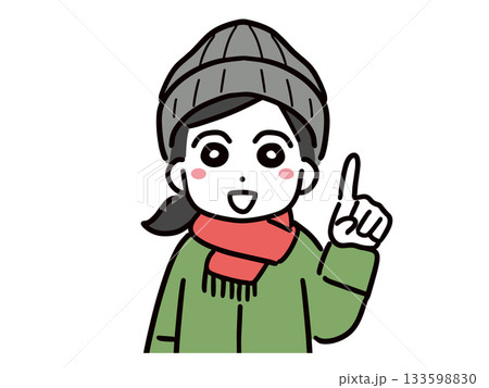 笑顔で指差しポーズをしているマフラーを巻いた冬服の若い女性(上半身・正面) 笑顔で指差しポーズをしているマフラーを巻いた冬服の若い女性(上半身・正面) 133598830