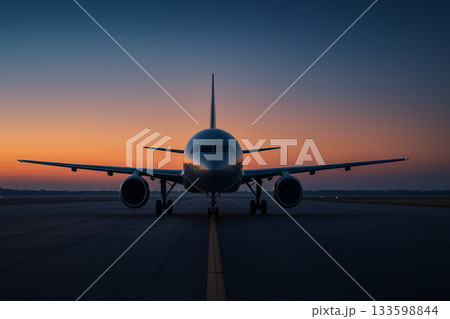 朝焼けの滑走路に佇む飛行機と希望に満ちた旅立ちの瞬間 133598844
