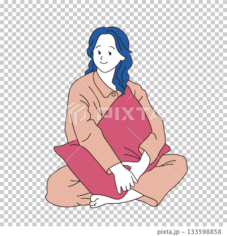 A life-like image of a woman in pajamas sitting with a cushion, calmly relaxing and spending time at home. 133598858