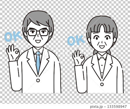 Illustration of a man and a woman in a white coat making an OK sign 4 133598947