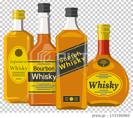 Illustration of a row of whiskey bottles 133598960