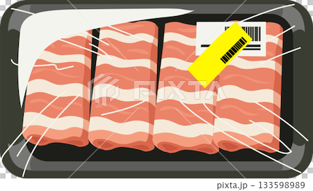 packaged meat in plastic wrapped food tray with discount sticker 133598989