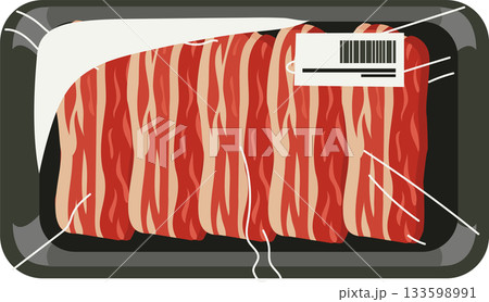 raw meat sliced beef in packaged meat tray with cling wrap and barcode label for supermarket and grocery food 133598991