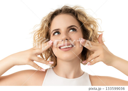 Woman happily cares for her face, isolated on white, PNG Woman happily cares for her face, isolated on white, PNG 133599036