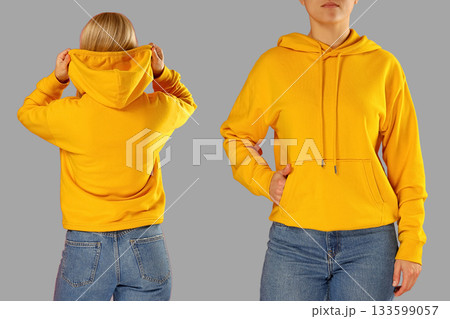 Features a yellow hoodie with dual design views Features a yellow hoodie with dual design views 133599057