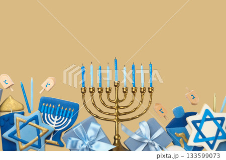 Hanukkah colorful menorah with blue decor and gifts 133599073