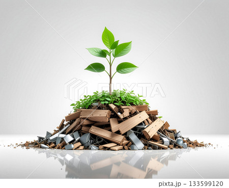 廃材の山から伸びる若木｜木材や金属片の中から生命がよみがえる環境再生イメージ 133599120