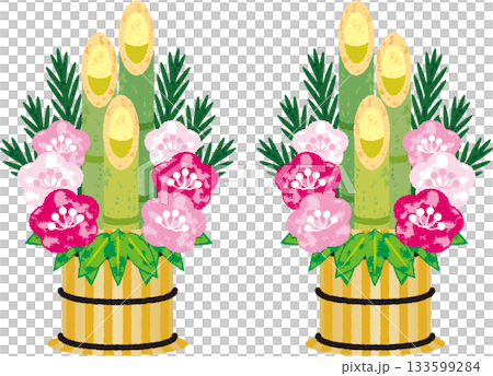 A Japanese-style illustration of a gorgeous Kadomatsu decorated with pine, bamboo, and plum, a lucky charm for the New Year 133599284