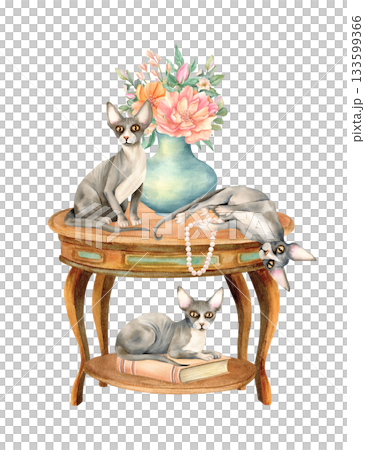 Cozy interior vintage composition with three sphynx cat, retro round wooden table, vase flowers and pearl jewelry. Domestic animal on furniture. Watercolor isolated spring illustration design Cozy interior vintage composition with three sphynx cat, retro round wooden table, vase flowers and pearl jewelry. Domestic animal on furniture. Watercolor isolated spring illustration design 133599366