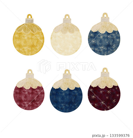 Christmas tree colorful textured ornaments isolated on white background. Watercolor clip art perfect for wrapping paper, cards, Christmas, new year, stickers, textile, posters, totes design. 133599376