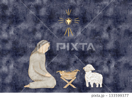 Kneeling Mary beside a manger, crown, lamb and glowing golden star. Hand-painted watercolor nativity illustration on textured blue, scene ideal for Christmas cards, devotionals, and holiday designs Kneeling Mary beside a manger, crown, lamb and glowing golden star. Hand-painted watercolor nativity illustration on textured blue, scene ideal for Christmas cards, devotionals, and holiday designs 133599377