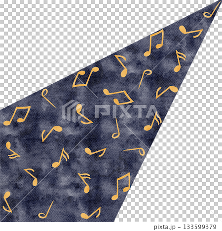 Music notes in warm golden tones painted in diagonal flow on blue textured background. Watercolor clip art with a festive atmosphere, perfect for Christmas projects, invitations, crafts, decor. 133599379