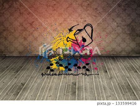 Cog flowers with can on floorboards Cog flowers with can on floorboards 133599416