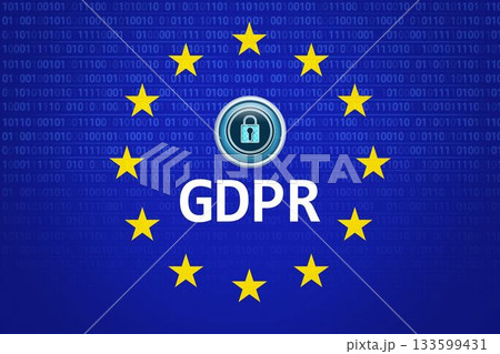 Design is showing metallic-blue padlock with GDPR text on blue binary grid and yellow EU stars Design is showing metallic-blue padlock with GDPR text on blue binary grid and yellow EU stars 133599431
